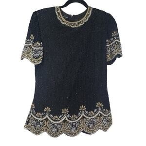Vintage Laurence Kazer Small 80s Beaded & Sequins Silk Elegant Formal Blouse